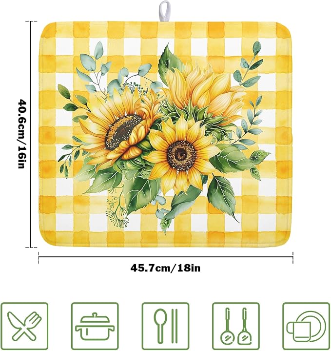 Sunflower Dish Drying Mat 16x18 Inch Absorbent Reversible Summer Sunflower - Image 2