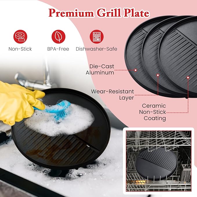 Giantex Electric Grill Outdoor, 1200W Electric BBQ Grills Outdoor Cooking with Lid & Thermometer, Nonstick Griddle, Drip Tray, 2-in-1 Freestanding & Tabletop Grill for Apartments Backyard Party, Red