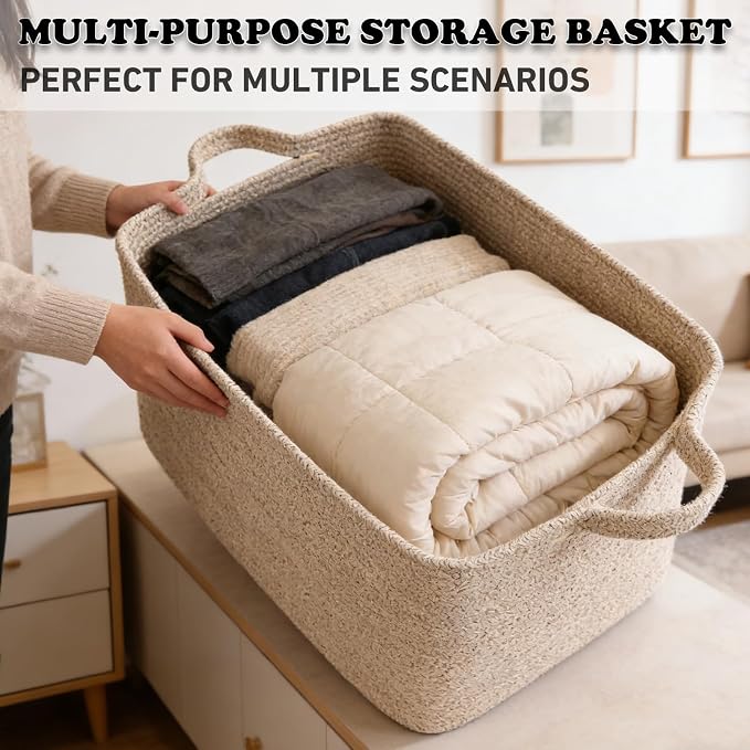 96L Woven Laundry Basket with Handles, Extra Blanket Basket - Image 5