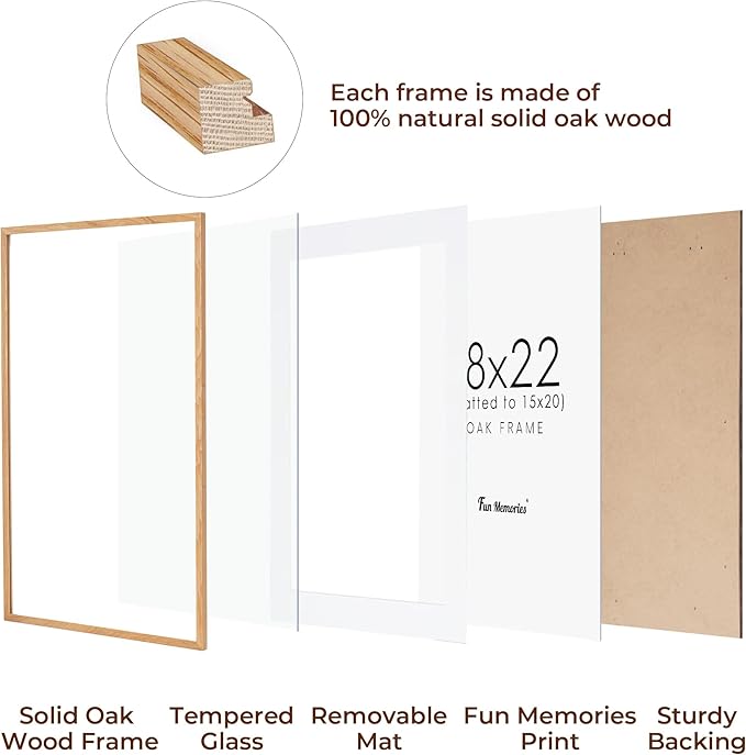 Fun Memories 18x22 Picture Frame, Solid Oak Wood for Wall, Poster Frame With Real Glass, Matted for 15x20, Home Decor (Natural Oak Color, 1 Pack)