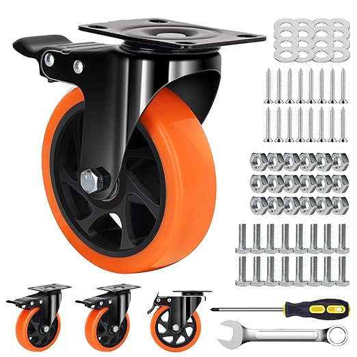 MSH&HCE 5-Inch Orange Heavy Duty Caster Wheels (Set of 4) - 2600Lbs Total Capacity, Polyurethane (PU) Wheels, Quiet Swivel Casters for Carts, Furniture & Workbenches (Two Hardware Included) ﻿