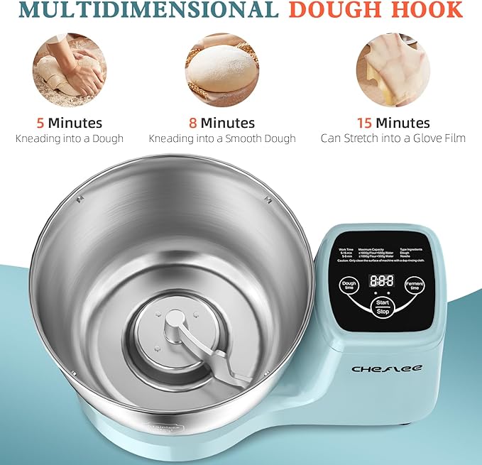 CHeflee Electric Dough Maker 250W,5.5 QT Smart Kneading and Fermenting Mixer Machine,Adjustable Time, 304 Stainless Steel Bowl,Blue