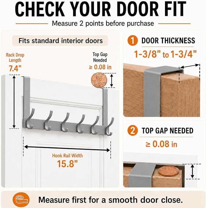Peasulin Over The Door Hooks, 2 Pack Grey Door Hanger Rack | - Image 2