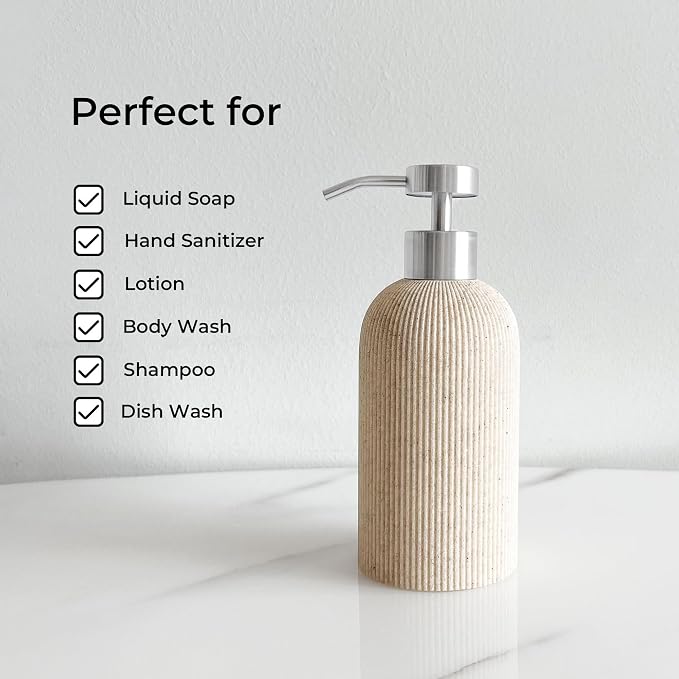 Sand Beige Soap Dispenser with Stainless Steel Pump, 11oz | Luxury Farmhouse - Image 6