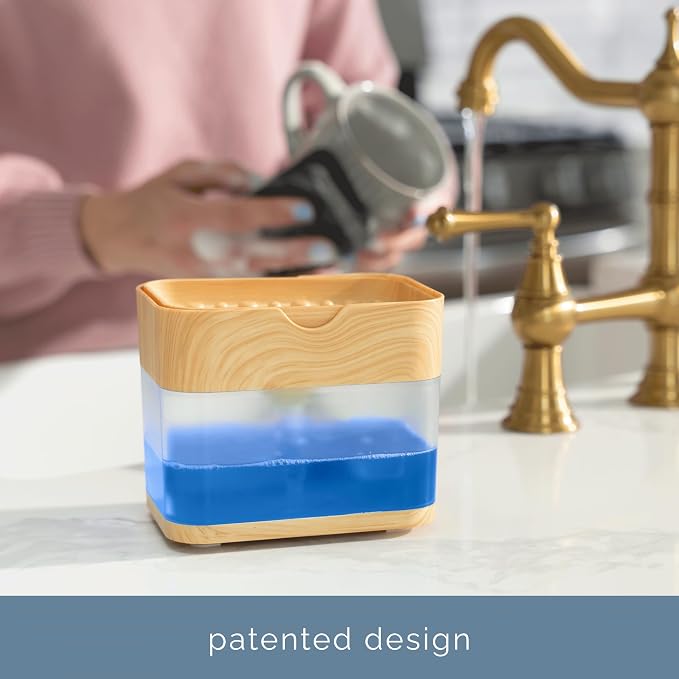 S&T INC. Dish Soap Dispenser and Sponge Holder, Plastic Bamboo | Patented Design - Image 5