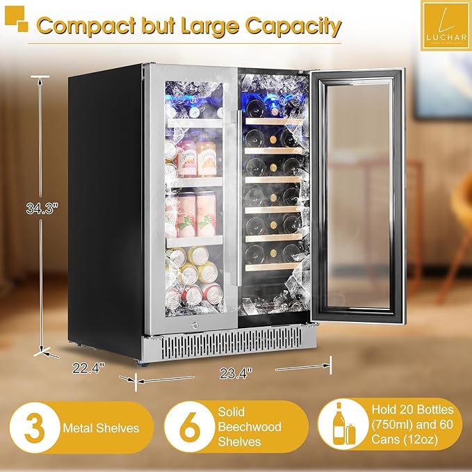 24 Inch Wine and Beverage Refrigerator, Dual Zone Wine and Drink Fridge with Glass Door&Lock for 20 Bottles and 60 Cans, Under Counter Wine Cooler Refrigerator Built-in Counter or Freestanding