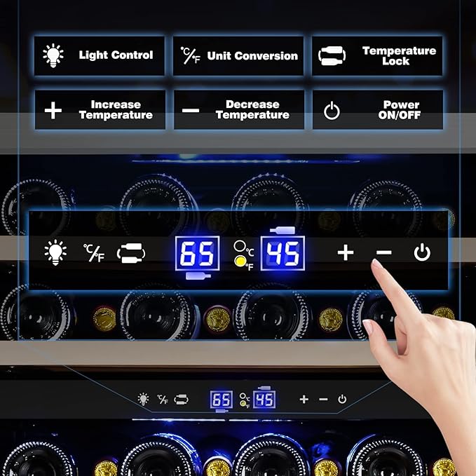 Tylza 24'' Wine Fridge, Dual Zone Wine Refrigerator, 54 Bottles, Lock, Glass Door, Built-in Compressor, 6 Adjustable Shelves, Undercounter or Freestanding, Wine Cooler Refrigerator for Home Bar Office