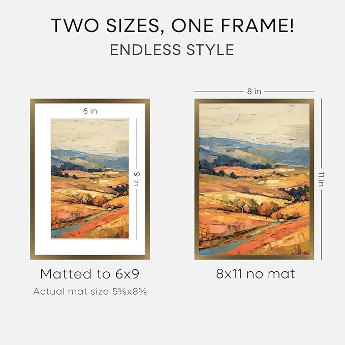 Homeforia 8x11 Picture Frame Bronze, High End Metal 8 x 11 Brass Frames with Mat 6 by 9 for Photo, 11x8 Frame Matted to 6x9 inch Print, 8by11 Wall or Tabletop Frame, Tempered Glass, Wall Kit, Set of 2