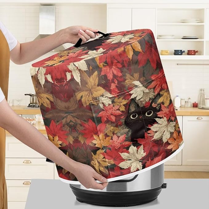 Xoenoiee Cat Maple Leaf Kitchen Appliance Dust Cover with Pockets, Electric Pressure Cooker Cover Compatible with Crock Pot, Rice Cooker Covers Fall Decor, for 8 Qt Pot