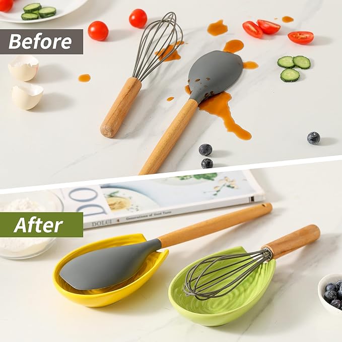 Hasense Spoon Rest for Stove Top, Ceramic Yellow and Green Spoon Holder for Kitchen Counter, Large Stable Heat-resistant Utensil Rest for Spatula Ladles Tongs, Home Kitchen Decor, 2 PCS