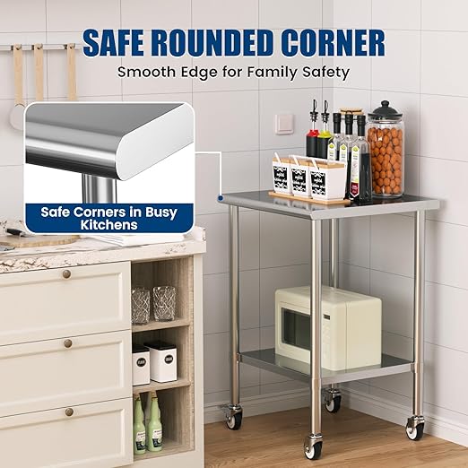 Stainless Steel Work Table with Wheels, 24x24 Inch NSF Kitchen Prep Table with Adjustable Undershelf for Commercial Restaurant, Garage, Outdoor BBQ