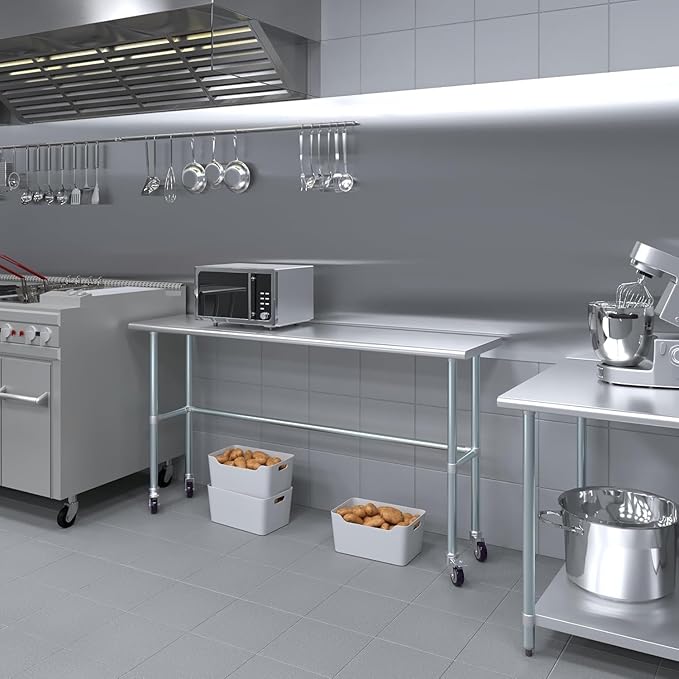 Stainless Steel Work Table Open Base & Wheels | Work Station | Metal Work Bench (Stainless Steel Work Table Open Base + Casters) (72" Long x 18" Deep)