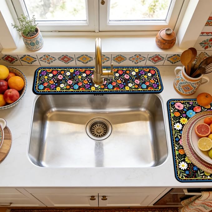 3 Pcs 2 Size Kitchen Sink Splash Guard Faucet Mat Bohemian Flowers Pattern - Image 6