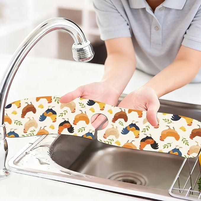 2 Pcs Kitchen Sink Splash Guard Faucet Mat Cute Rooster Faucet Mat - Image 6