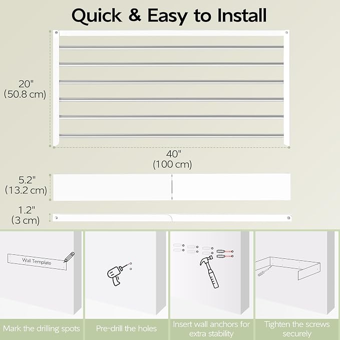 Vikaqi Wall Mounted Clothes Drying Rack 40 inches, Foldable Wall Mount Laundry - Image 7