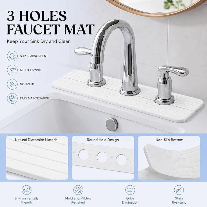 3 Hole Absorbent Faucet Mat, Quick Dry Diatomite Sink Splash Guard | Absorbent - Image 2