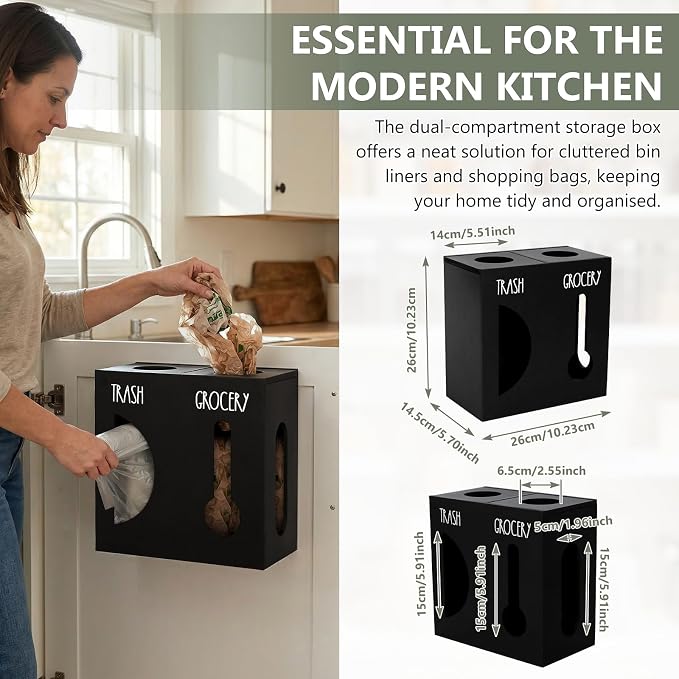 2 in 1 Trash Bag Dispenser, Double Wall Mounted, Wood Trash Bag Holder - Image 2