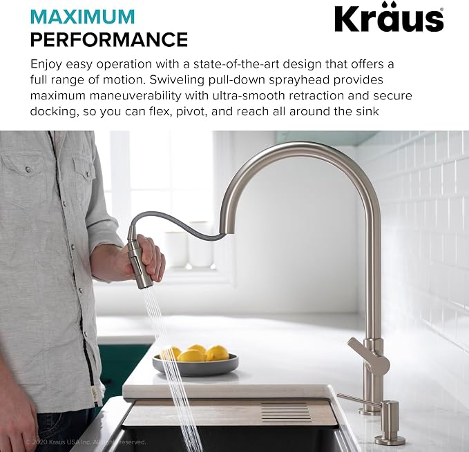 KRAUS Oletto High-Arc Single Handle Pull-Down Kitchen Faucet in Brushed Brass - Image 9