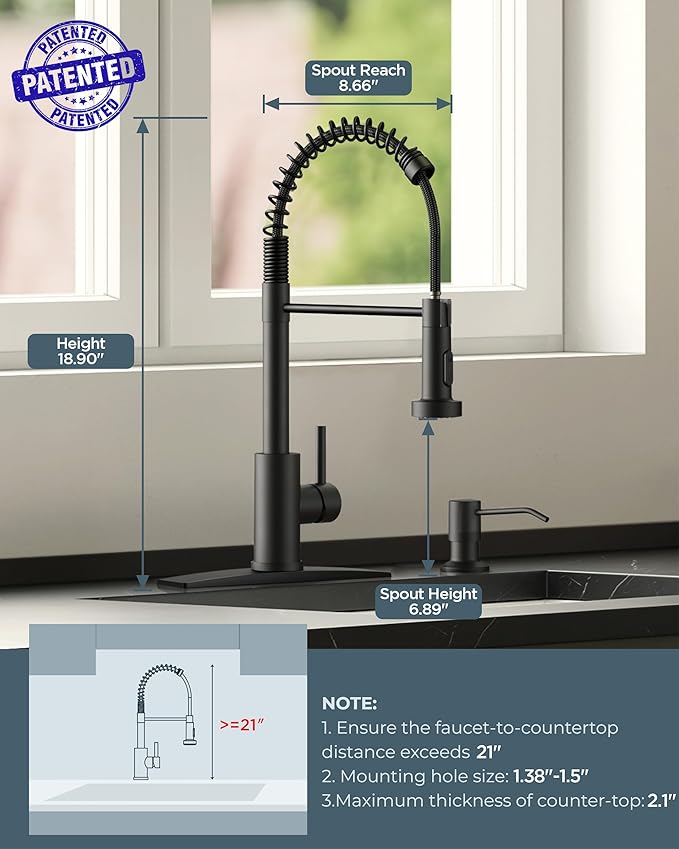 FORIOUS Black Kitchen Sink Faucet, Pull Down Sprayer, Classic High Arc | - Image 2