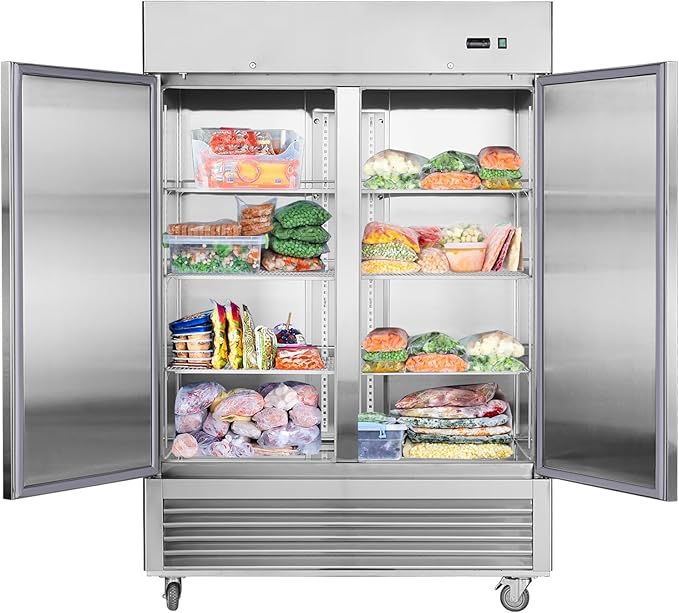 54"W Commercial Freezer 2 Section 2 Solid Door Stainless Steel Reach-in Freezer 42.2 Cu.ft. Upright Fan Cooling Freezer for Restaurant, Bar, Shop, Home, Business, Kitchen, Residential, ETL & DOE