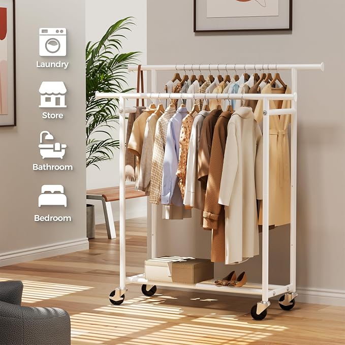 HYSEYY Clothes Rack, Double Rods Rolling Clothing Rack - Image 7