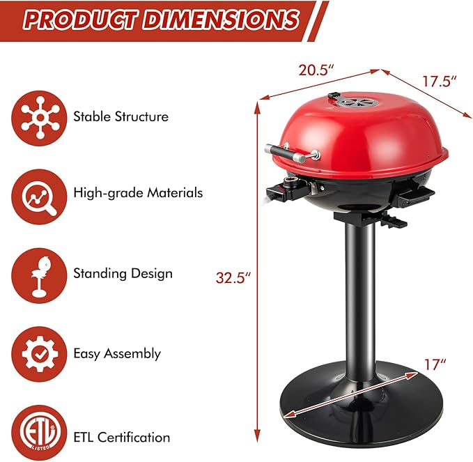 HAPPYGRILL 1600W Portable Electric Grill Outdoor BBQ Grill for 15-Serving, Electric Barbecue Grill for Indoor & Outdoor Use, Portable Stand BBQ Grill for Patio Balcony Kitchen Garden