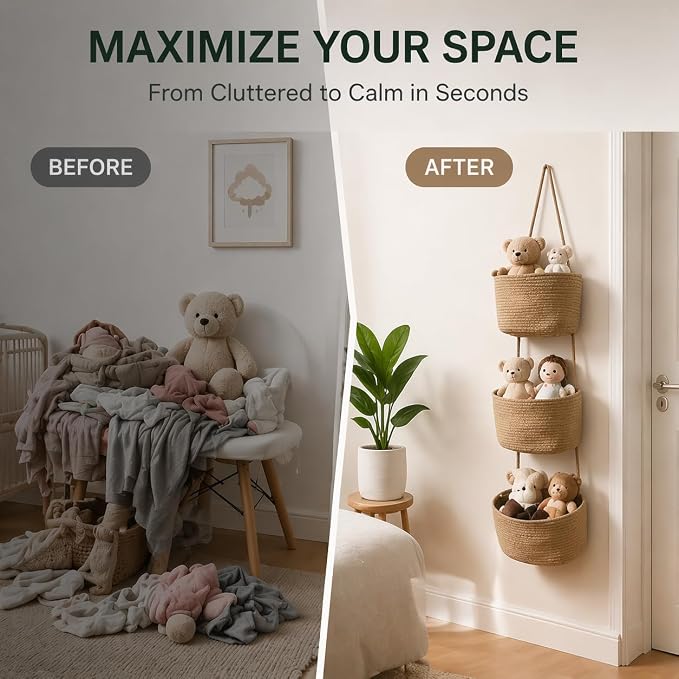 3-Tier Over the Door Hanging Basket, Cotton Rope Woven Decorative Hanging - Image 5