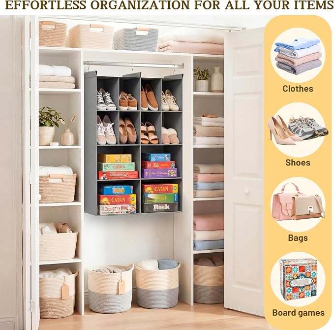 4 Tier Hanging Closet Organizer, 12 Compartments Dual Row Storage, 3 Sturdy - Image 6