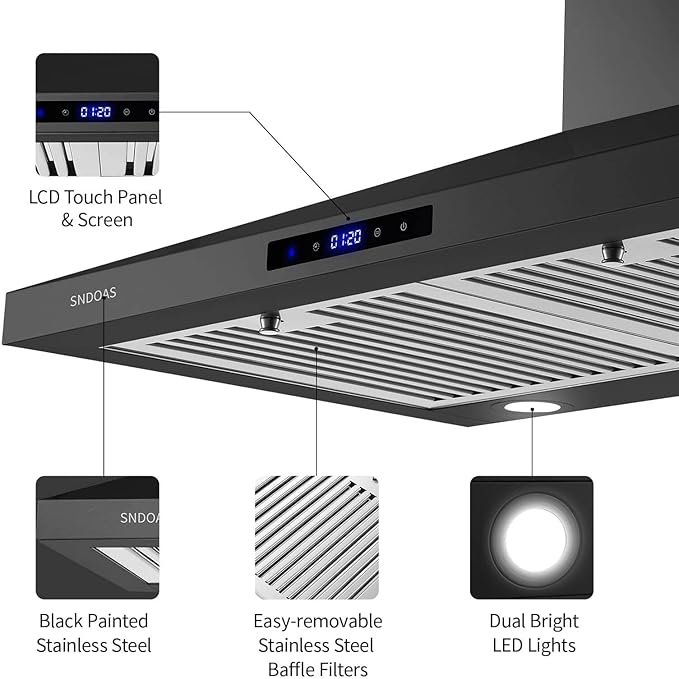 SNDOAS Black Range Hood 30 Inch,Stainless Steel Wall Mounted Kitchen Hood with Touch Controls, Ducted/Ductless Convertible,Chimney-Style Stove Hood Vent for Kitchen,Baffle Filters,Black Painted Finish