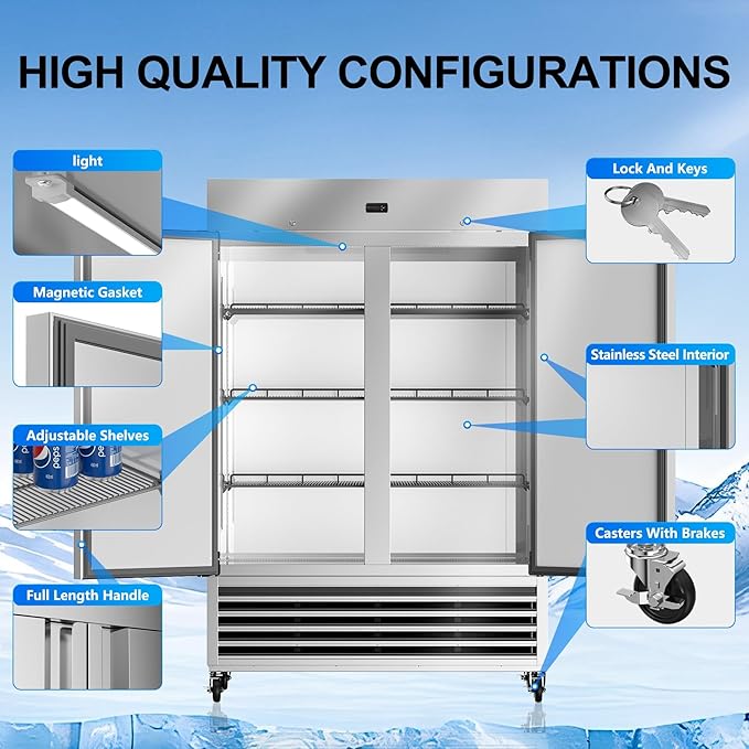 54" W Commercial Refrigerator, 46 Cu.ft Stainless Steel Reach-in Upright Fridge with 2 Solid Door and 3 Adjustable Shelves for Restaurant, Bar, Shop, ETL Approved