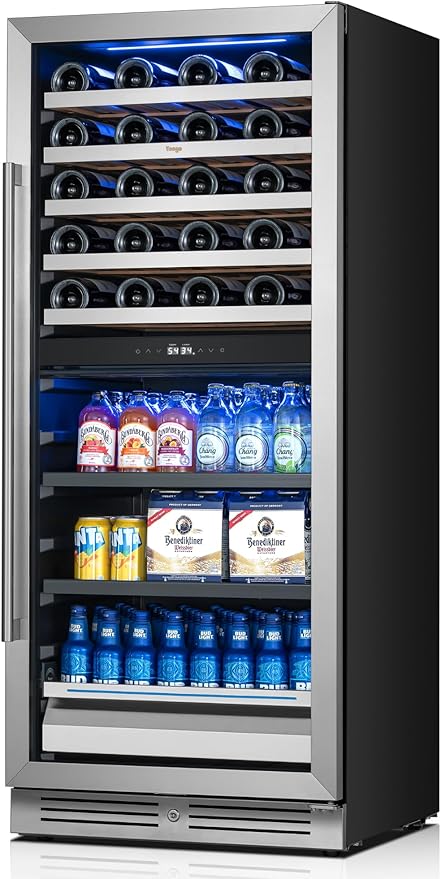 Yeego 24 Inch Wine Fridge – 34°F-65°F Wine and Beverage Cooler, 304 Stainless Steel Glass Door Lock, Temp Memory Blue & White LED Built-in Fridge with Adjustable Shelves (112 Can+40 Bottle)