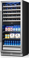 Yeego 24 Inch Wine Fridge – 34°F-65°F Wine and Beverage Cooler, 304 Stainless Steel Glass Door Lock, Temp Memory Blue & White LED Built-in Fridge with Adjustable Shelves (112 Can+40 Bottle)