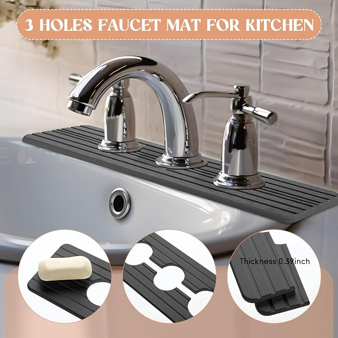 Teenyyou 3 Hole Gray Faucet Mat Kitchen Sink 15.94" x 4.92" | Bathroom Faucet - Image 5