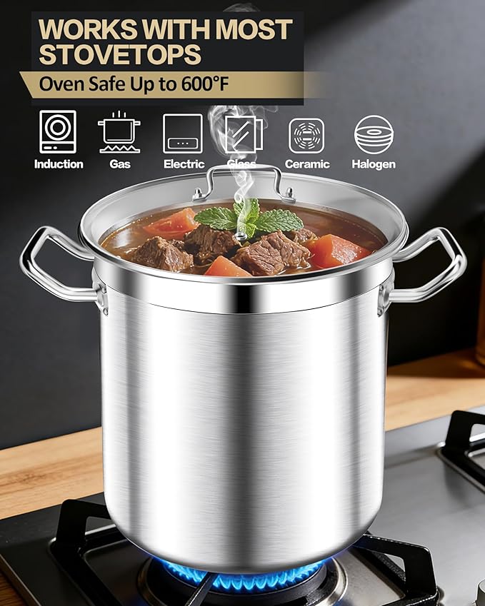 Stainless Steel Stock Pot with Lid – 24 Quart (6 Gallon) Heavy-Duty Cooking Pot for Soup, Stew, Pasta – Commercial & Home Use, Easy to Clean