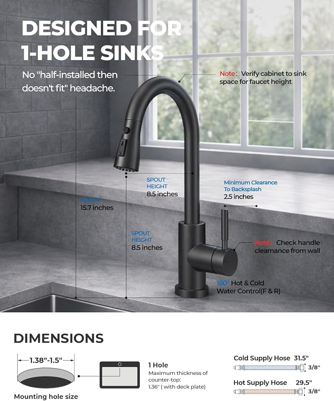 WEWE Pull-Down Kitchen Faucet, 3-Mode Sprayer, Matte Black | 360° Swivel - Image 6