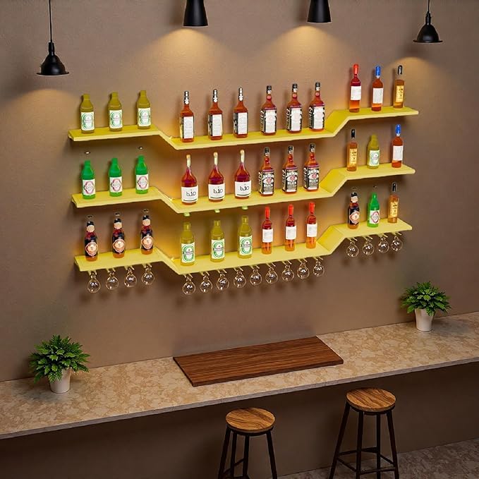 31.5" Wall Mounted LED Wine Rack, 3-Tier Floating Bar Shelves, Large Liquor Shelf with Wine Glass Rack, Large Bar Rack Wall Mounted for Liquor Bottles, Home Bar, Dining Room or Cafe, Gold