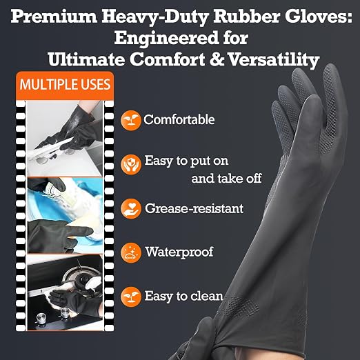 Heavy-Duty Thick Black Rubber Cleaning Gloves, 3 Pairs, L | Reusable & - Image 5