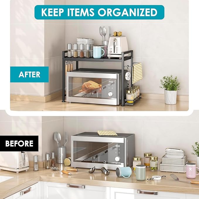DOLALIKE Microwave Oven Rack, Expandable Microwave Stand Countertop Kitchen Utensils Tableware Storage, Carbon Steel Over Microwave Shelf Countertop with 6 Hooks