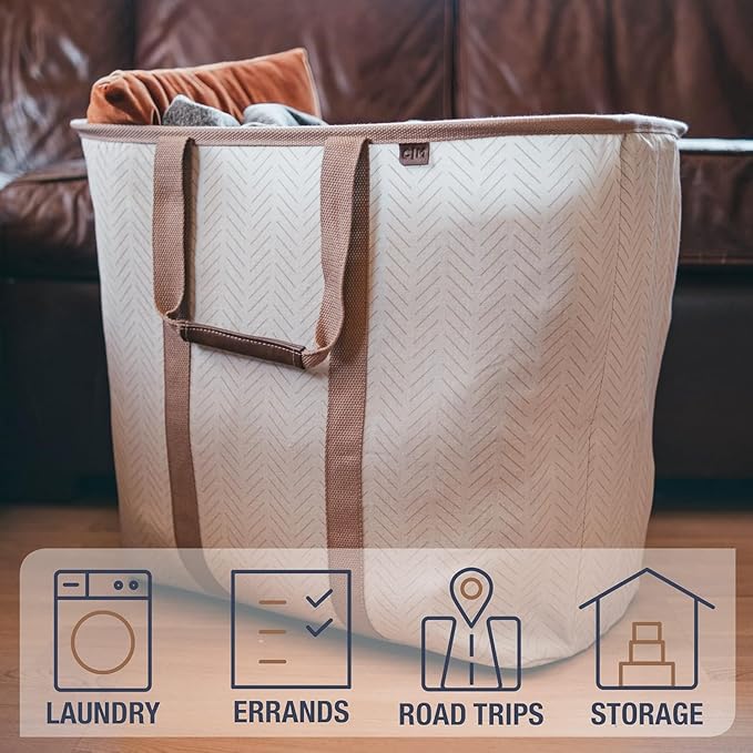 CleverMade Collapsible Fabric Laundry Hamper Premium, Cream Herringbone - Image 4