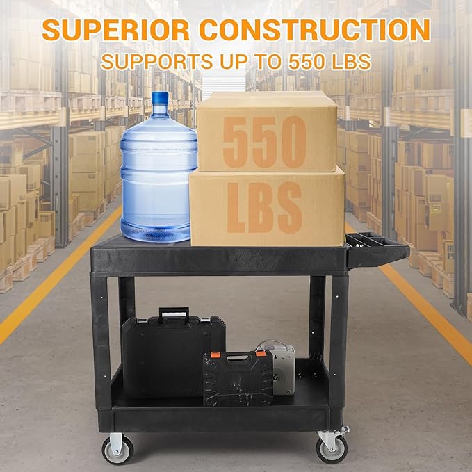 Large Heavy Duty Plastic Utility Service Cart Flat top 45.8 x 25 Inch, Work Cart Flat Shelves Holds up to 550 lbs - 2 Tier Service Cart with 360°Swivel Wheels (2 with Brakes) Black