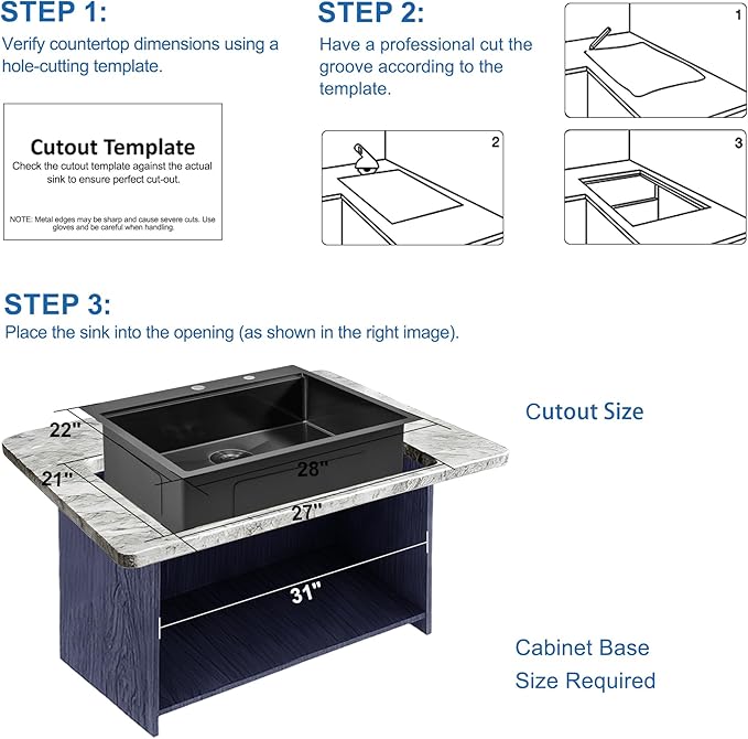 Scamall 28x22x10 Drop In Kitchen Sink Workstation, Nano Black 304 Stainless Steel Deep Single Bowl with Quick Drainage & Tarnish-Free Surface for Bar, Laundry, RV, Includes Accessories