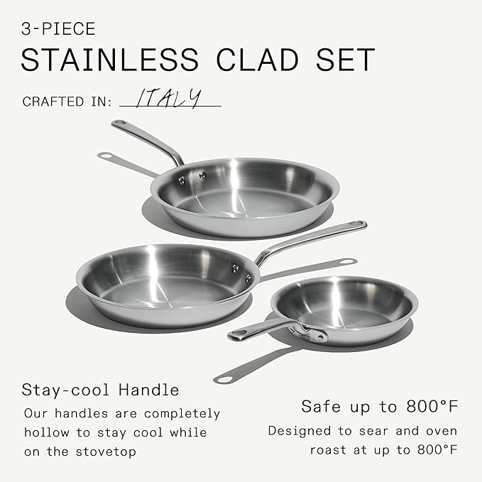 Made In Cookware - 3-Piece (Includes 8",10",12") Stainless Frying Pan Set - 5 Ply Stainless Clad - Professional Cookware - Crafted in Italy - Induction Compatible