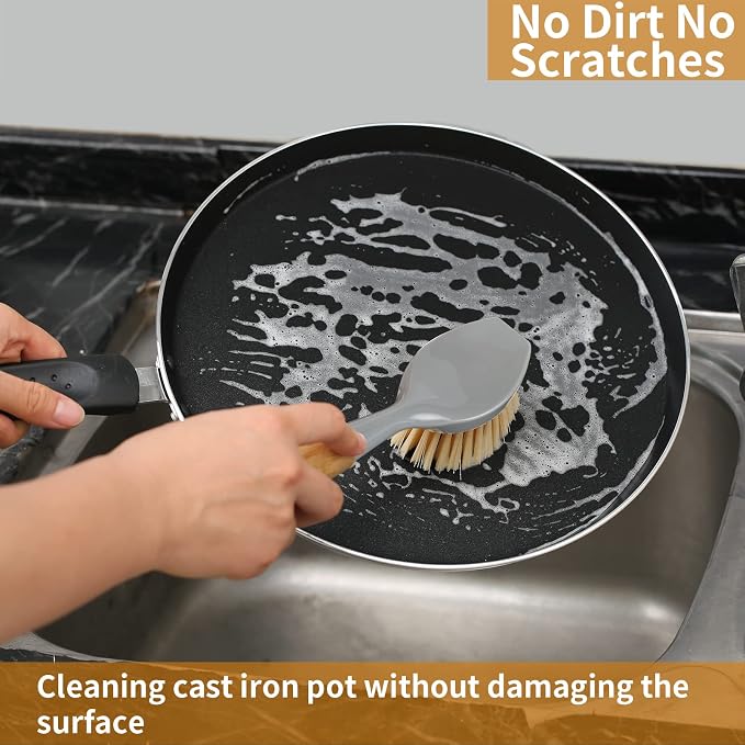 2 Pack Kitchen Dish Brush Bamboo Handle Dish Scrubber Built-in Scraper | Scrub - Image 7