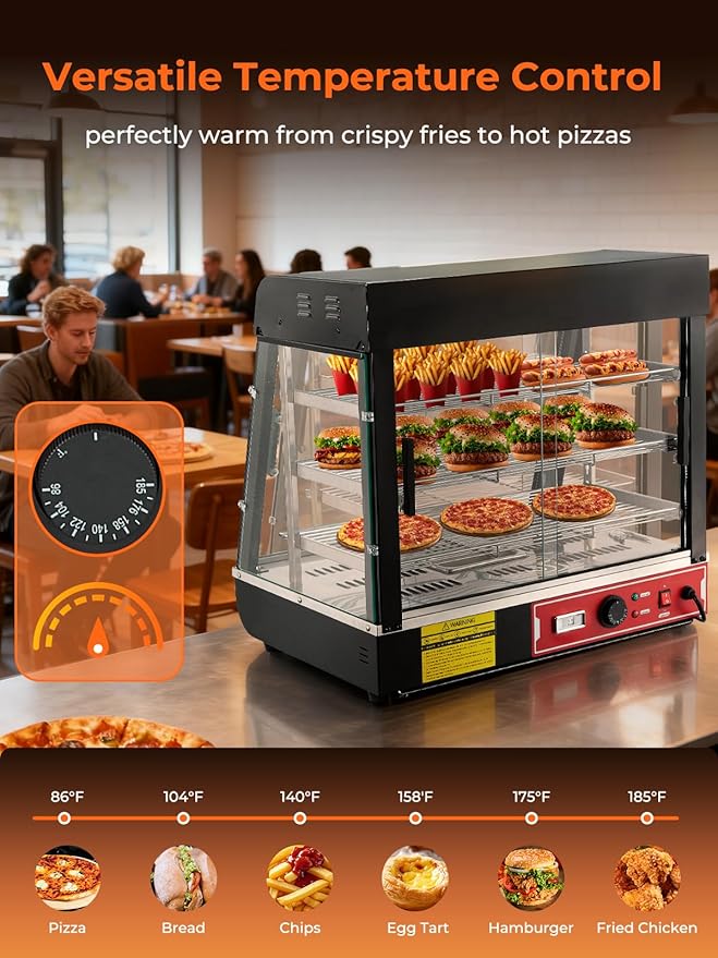 Commercial Food Warmer 26", 3-Tier Heated Display Case w/LED Light and Adjustable Thermostat, Removable Shelves, Countertop Pizza Pastry Warmer for Buffet Restaurant Bakery 1200W