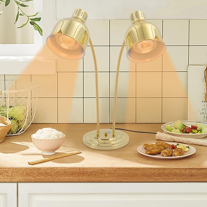 2-Head Food Heat Lamp Warmer Gold, 500W Double Bulbs Buffet Display Heating Preservation Light for Buffet, Electric Portable Heating Lamp with 360°Adjustable Head Independent Switch(Gold, Style2)