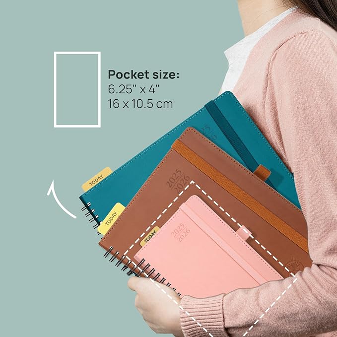 POPRUN Pocket Planner 2025-2026 (Purse Size 4'' x 6.25'') Academic Purse Calendar (July 2025 - June 2026) with Hourly Time Slots, 100GSM Thick Papers, Spiral Leather Cover - Blue Green