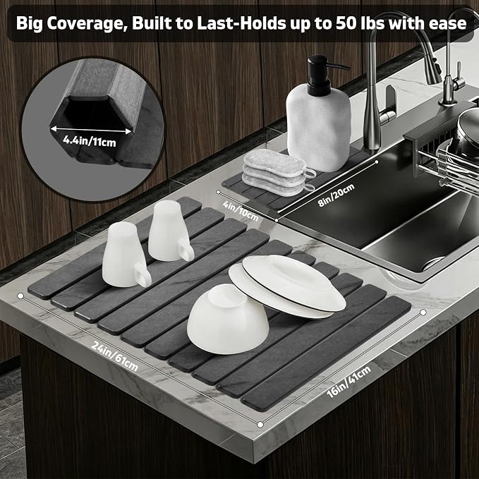 2 PCS Stone Dish Drying Mat for Kitchen Counter, Fast Drying Collapsible Dish - Image 4