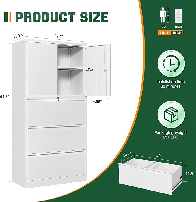 Letaya 3 Drawer Metal Storage Cabinets for Home Office,File Cabinet with Lock and 2 Adjust Shelves-Hang Filing Legal/Letter/A4/F4 Size（White）