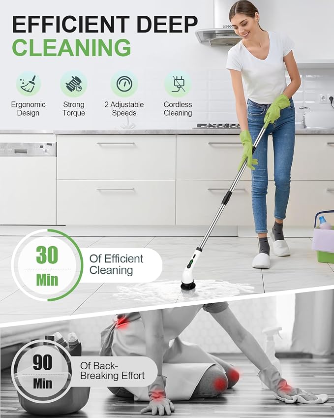 Cordless Electric Spin Scrubber, 9 Brush Heads, 2-Speed Motor | Floor cleaning - Image 2