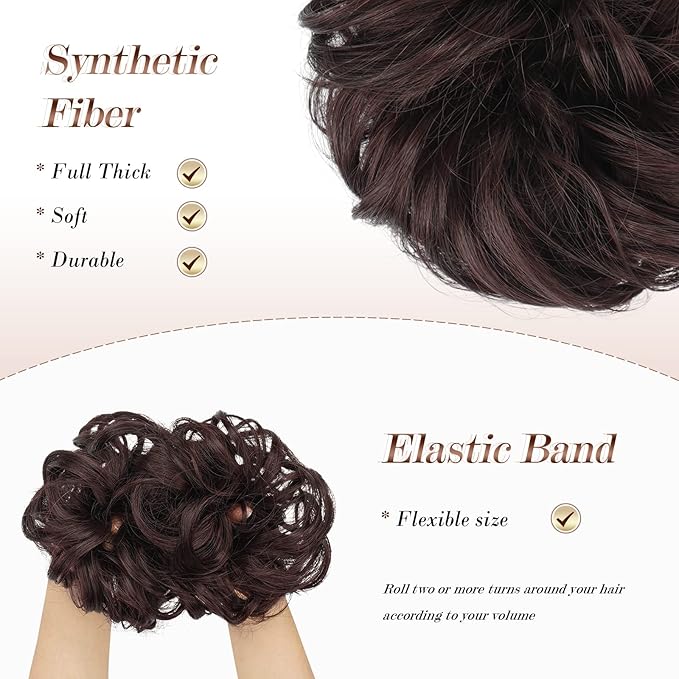 FESHFEN Large Messy Bun Hair Piece - Wavy Synthetic Chignon Scrunchies Elastic Ponytail Hair Extensions Thick Hairpieces for Women, Black Cherry 1.94oz